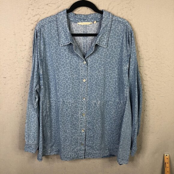 Soft Surroundings Shirt Womens 2X Blue Leopard Tencel Button Front SF3135 - Picture 1 of 16